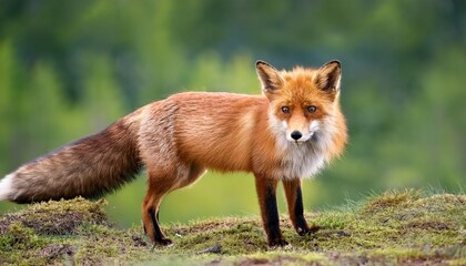 Fototapeta premium a red fox stands alert on a green background displaying its full bushy tail and striking fur