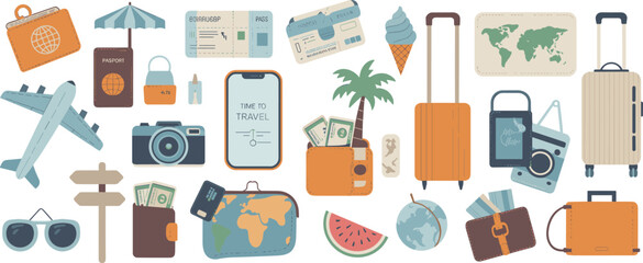 Travel essentials clipart, vacation items, passport, suitcase, airplane, map, camera, luggage, adventure icons, summer journey, world travel set