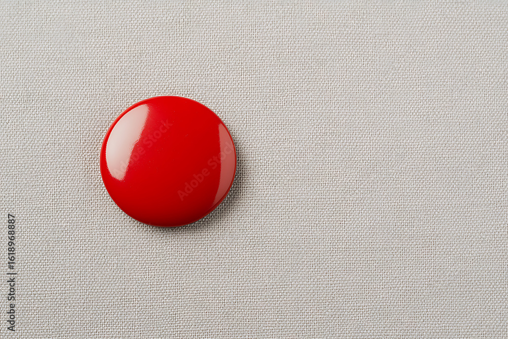 Poster a shiny red circular pin on a woven fabric background. the contrast between the glossy pin and the t