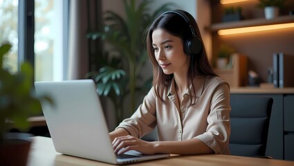 Young professional woman working remotely, young woman working on laptop .