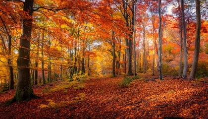 Fototapeta premium a portrayal of an autumnal woodland where trees are bedecked in foliage harmonizing a kaleidoscope of fiery tones amidst colorful ambiance of forest