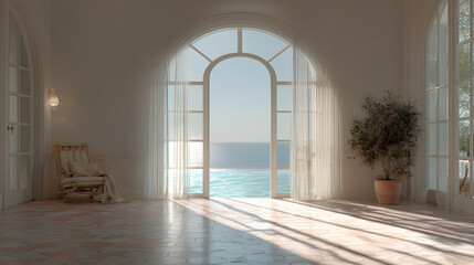 Sunlit coastal interior. A bright room opens to an ocean view with a chair and potted plant inside.