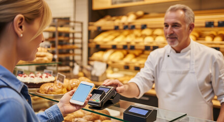 Woman making a contactless payment with her phone in a bakery, symbolizing modern retail, quick transactions, and digital convenience.
