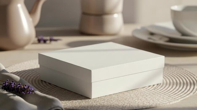 Elegant gift box mockup with lavender sprigs on placemat and tableware behind it. Sophisticated gift box mockup arrangement in neutral tones creates serene atmosphere.