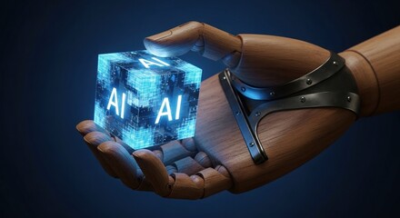 Wooden hand holding a glowing blue cube with AI text, symbolizing artificial intelligence, data, and human-technology interaction.