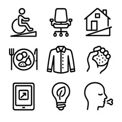 Lifestyle Adaptation Icons. Solid, filled icon set of lifestyle adaptations: wheelchair accessible ramp, ergonomic chair, home