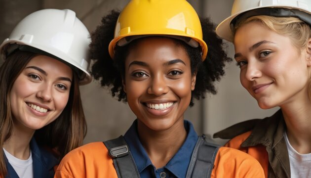 Three diverse women construction workers with hard hats smile confidently. Celebrating International Women Day, they embody inclusivity, diversity, equity, and inclusion in the construction industry.