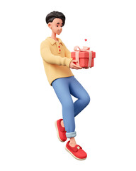 3d rendering of stylized handsome charming excited asian brunette guy in casual fashion yellow blue clothes floats in air holds red gift box wrapped with pink bow, ribbon in hands on white background.