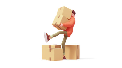 3d rendering of stylized funny casual delivery guy in fashion clothes, red hooded shirt, green jeans, carrying heavy cardboard boxes in his hands, balancing on one leg over parcel on white background.