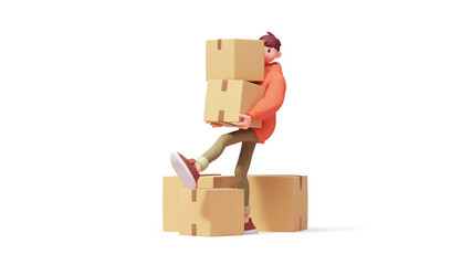 3d rendering of stylized funny casual delivery guy in fashion clothes, red hooded shirt, green jeans, carrying heavy cardboard boxes in his hands, balancing on one leg over parcel on white background.