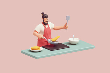 3d rendering of stylized casual cute funny kawaii handsome smiling bearded brunette man in t-shirt, red apron happily cooking pancakes for family in his kitchen at home in morning on pastel background