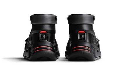 3d rendering rear view of cyberpunk stylish black leather sneakers with automatic self-lacing mechanism, massive velcro strap, red LED heel lights, thick rubber sole, wide toe box on white background.