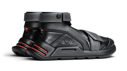 3d rendering of cyberpunk stylish black leather sneakers with automatic self-lacing mechanism, fashion massive velcro strap, red LED heel lights, thick rubber sole, wide toe box on white background.