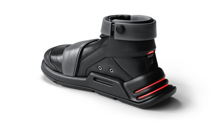 3d rendering of cyberpunk stylish black leather sneakers with automatic self-lacing mechanism, fashion massive velcro strap, red LED heel lights, thick rubber sole, wide toe box on white background.