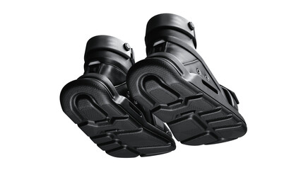 3d rendering bottom view of cyberpunk stylish black leather sneakers with automatic self-lacing mechanism, massive velcro strap, red LED heel lights, thick rubber sole, wide toe box, white background.