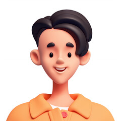 3d rendering portrait of stylized cute handsome excited asian smiling brunette guy in casual fashion clothes orange sweater. Positive schoolboy avatar for social networks accounts on white background.
