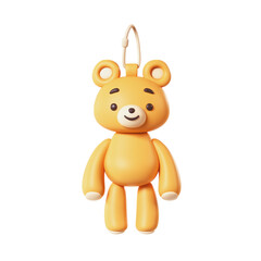 3d rendering of stylized kawaii funny fluffy smiling cartoon yellow toy bear keychain with eyebrows, dot eyes, soft ears, paws with happy facial expression for cozy school backpack on white background