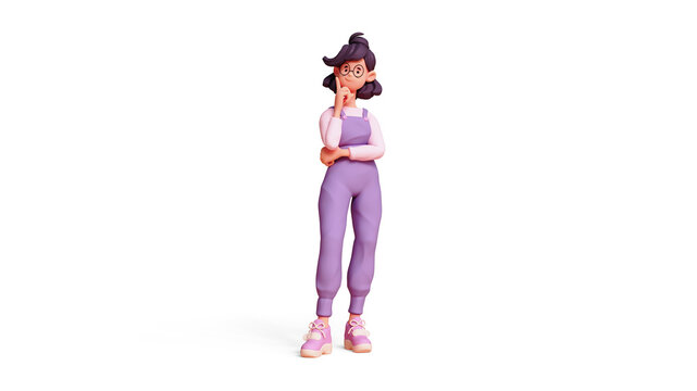 3d rendering of stylized thoughtful asian girl, fashion clothes, blue overalls, standing touches chin with hand, raises index finger up, thinking about decision, making right choice, white background.