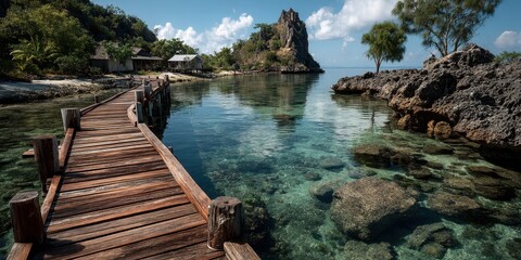 Peaceful wooden pier stretches into clear turquoise waters near rocky coastline on a sunny day