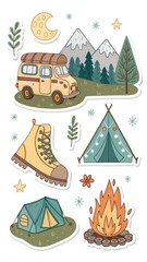 Naklejka premium Cute Camping Illustration Set: Caravan, Tents, Fire, Moon & Hiking Boots