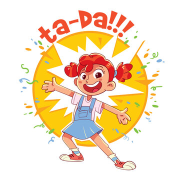 The girl leaps forward tearing up the advertising template with a joyous exclamation of ta-da. Children advertising template for your design. Colorful cartoon characters. Funny vector illustration