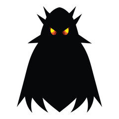 Spooky silhouette of a dark ghostly figure with glowing eyes on white