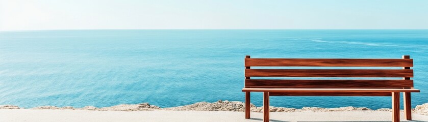 Ocean View Bench Wooden Seat with Serene Blue Sea Background, seascape , serenity