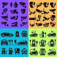 Surveillance Camera Icons in Colorful Grid – Pop Art Style Digital Collage

