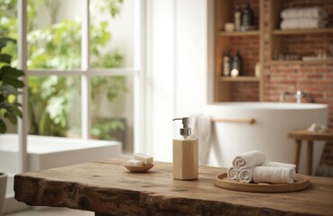 Modern bathroom interior featuring rustic wooden table with dispenser bottle, soaps, rolled towels. Large window with green plants provides natural light, brick wall, bathtub, shelves stocked with