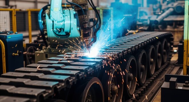 Mechanical arm welding segments of a tanks continuous track emphasizing robotic automation in armored vehicle production.