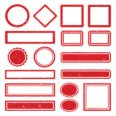 Red grunge stamp frames of various shapes on a white background