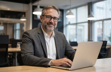 Fototapeta premium Smiling middle-aged businessman in suit uses laptop at desk in modern office. He looks at camera while typing on computer keyboard. Professional man working in corporate environment, focused on job.
