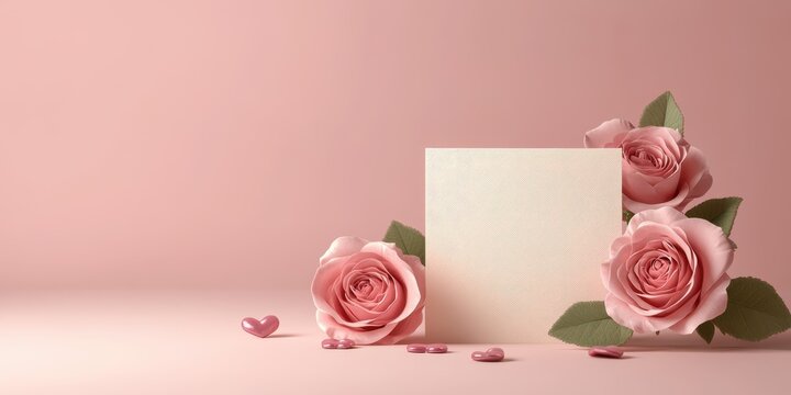 Soft pink roses and blank card create a romantic atmosphere for love messages and special occasions