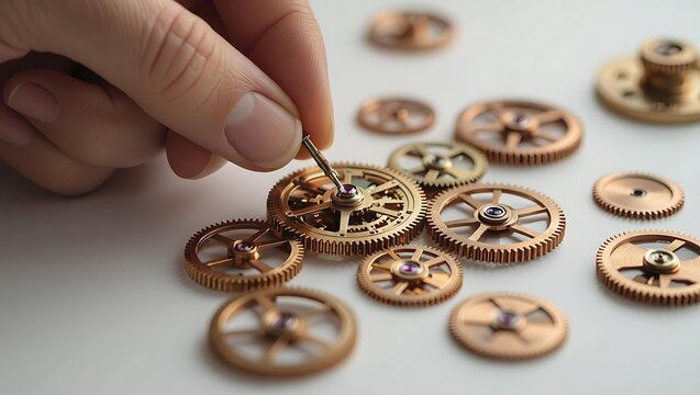 Hand assembling intricate golden watch gears with purple jewels
