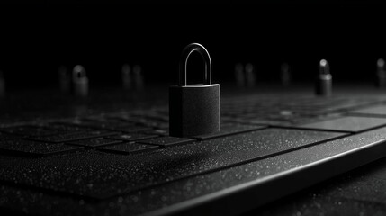 password padlock floating and spinning above a dark-mode laptop setup