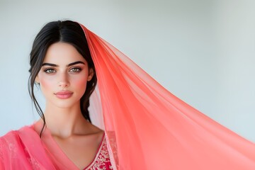 Beautiful woman in pink sari with flowing veil, elegant traditional attire, asian ethnic cultural fashion portrait, stylish heritage clothing with graceful charm background