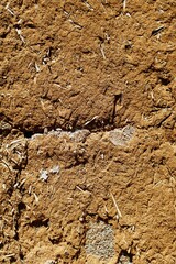 Close-up texture of traditional adobe wall with natural cracks and earthy tones, showcasing handmade construction and organic surface patterns. 