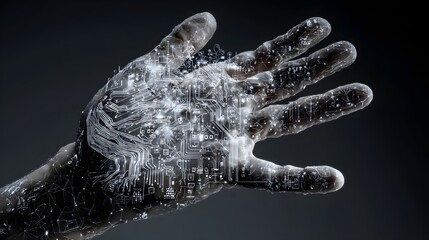 Human hand with digital brain circuit and AI interface icons