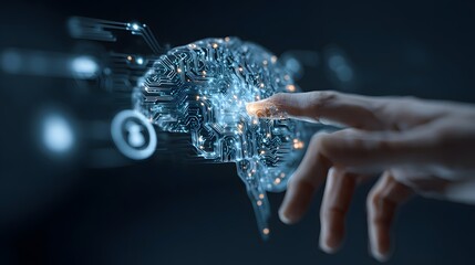 Human hand with digital brain circuit and AI interface icons