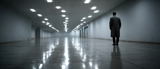 Fototapeta premium Solitary Man in Long Coat Standing in a Long, Empty, FluorescentLit Corridor Feeling of Isolation and Loneliness