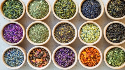 Variety of Colorful Spices and Herbs in Individual Bowls on Table