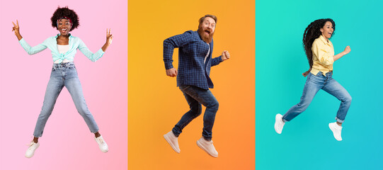Diverse individuals express joy through energetic jumping. Each person showcases unique styles...