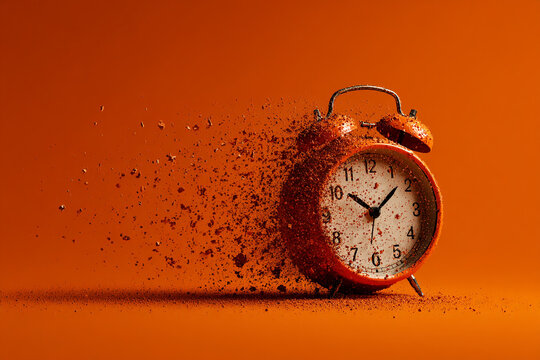 Conceptual image of an alarm clock dissolving against a bright orange backdrop, symbolizing urgency, deadlines, or fleeting time. Perfect for business, productivity, or motivational content