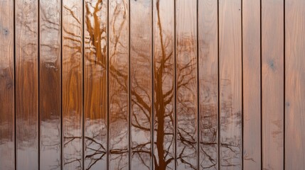 Obraz premium Tree Reflection on Glossy Brown Wood Wall, Nature , Woodworking