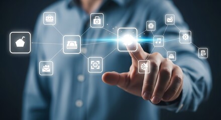 Businessman managing a digital ecosystem through a futuristic touch interface with interconnected icons for security and data.
