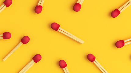 Matches on Yellow: A vibrant pattern of wooden matches with red tips arranged against a bright yellow background, creating a visually striking design.
