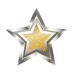 Set of golden, silver, and platinum casino stars with sparkling glitter and diamond shine, premium decorative icons for VIP ranking, awards, badges, gambling game levels, and luxury design