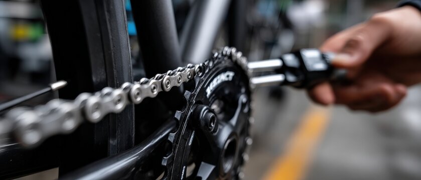 Closeup of mans hand repairing bicycle chain with tool outdoors Concept of bike maintenance, repair, and cycling