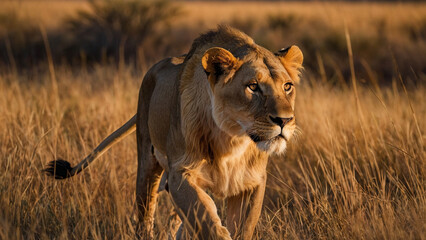 Close-Up of a Female Lion Stalking in the African Savannah – Wildlife Concept Art
