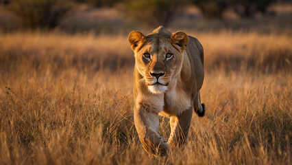 Close-Up of a Female Lion Stalking in the African Savannah – Wildlife Concept Art